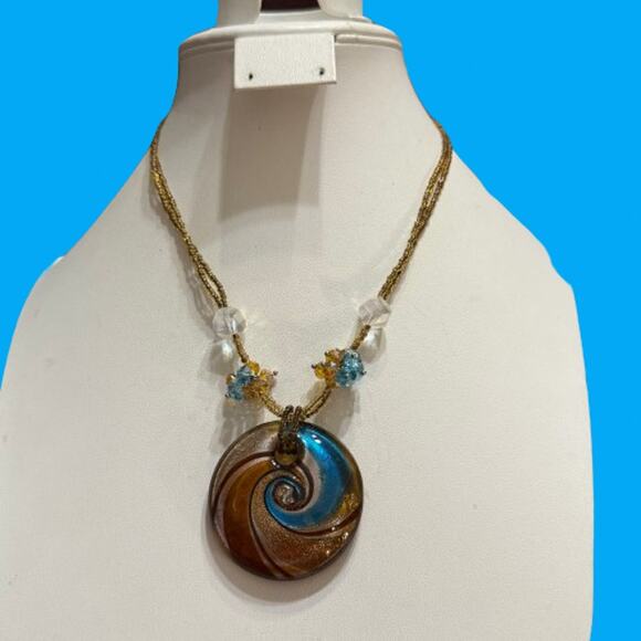 Murano Style Round Glass Pendant w/ Crystal Beaded Cord - Picture 4 of 5